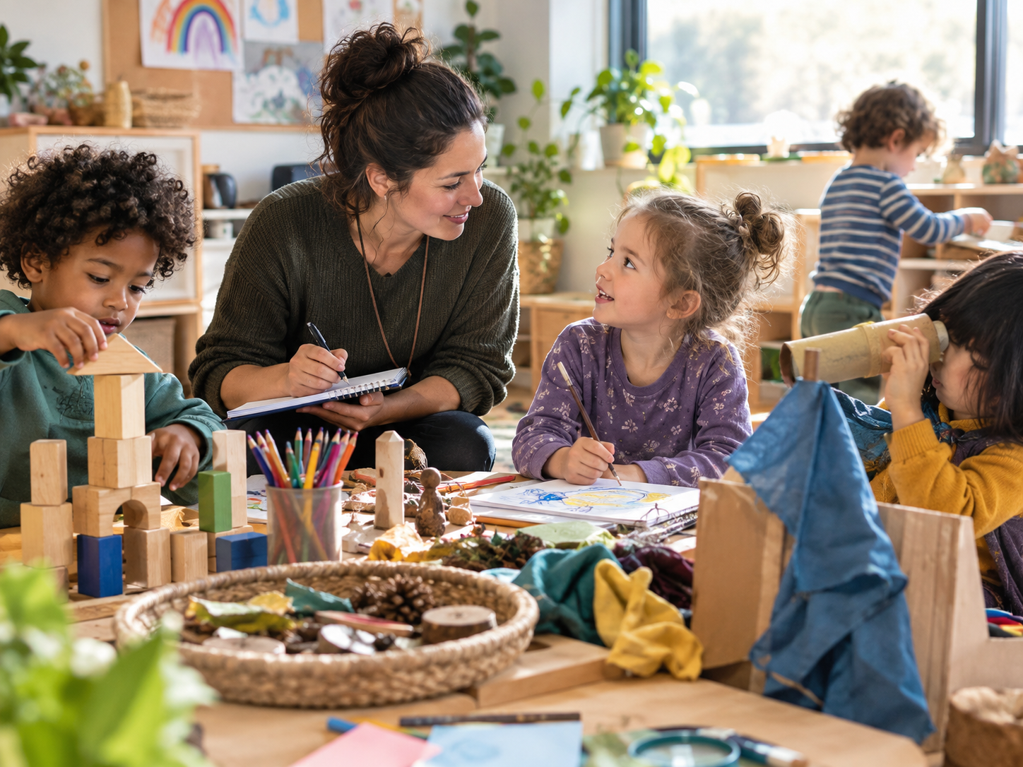 Éducatrice en service de garde entourée d’enfants qui dessinent, construisent et explorent différents matériaux créatifs dans une salle lumineuse, illustrant la créativité du personnel éducateur et son rôle dans le développement de l’imaginaire des enfants.
